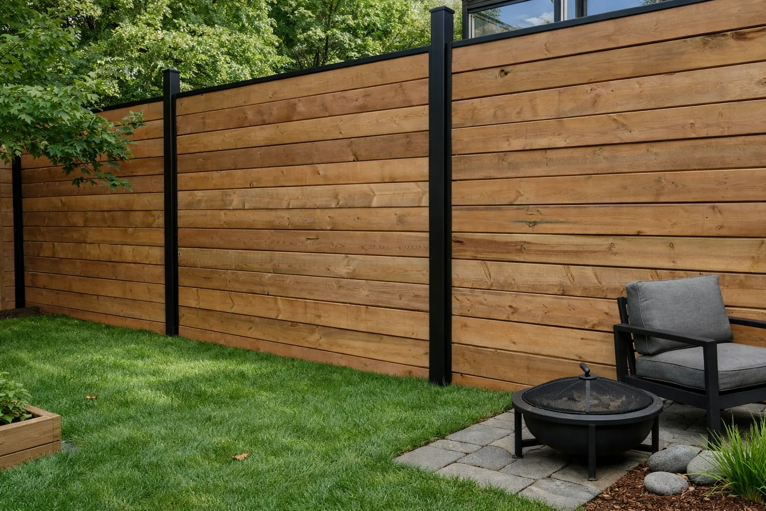 Horizontal Wood Privacy Fence with Metal Posts - Monroe, Michigan